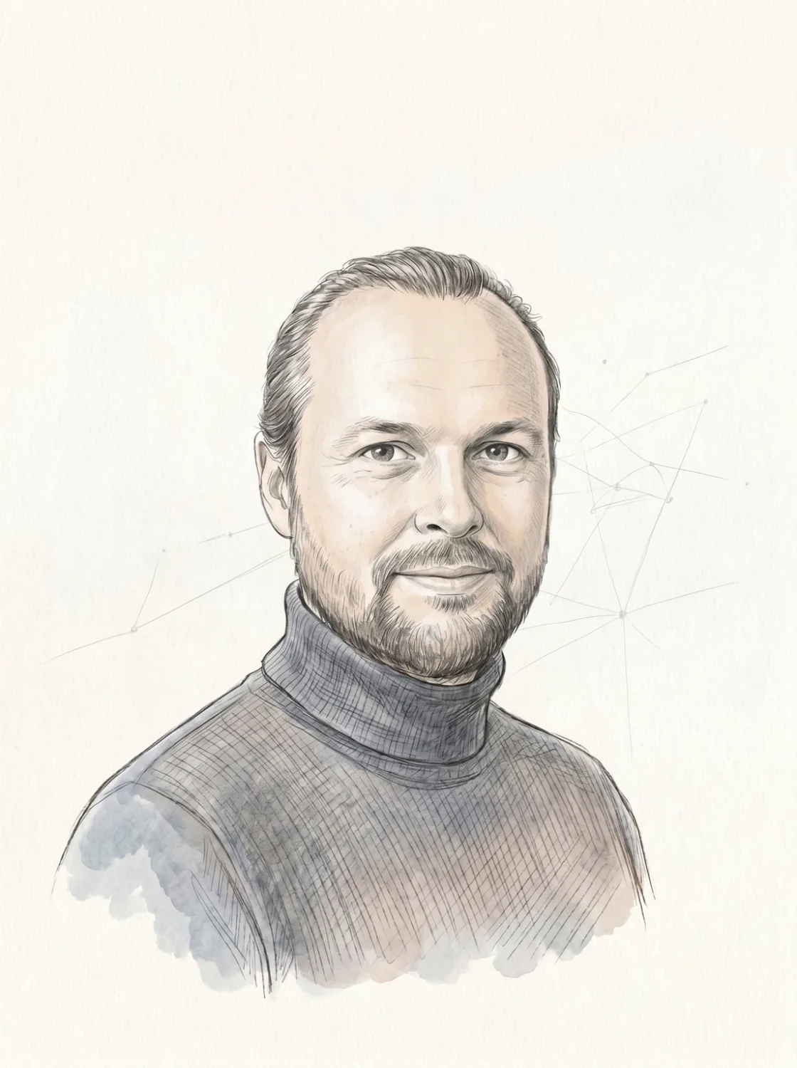 Portrait illustré de Charles Gautier, fondateur de LeadsFlowAI, sur fond papier avec un maillage évoquant les systèmes agentiques.